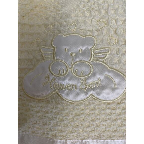 Kidgets Baby Blanket Heaven Sent Bear Baptism Yellow Waffle Thermal Satin Edge - Picture 9 of 9
